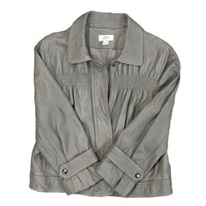 Ann Taylor LOFT Leather Jacket Grey Collar Ruched Zip Front Pockets Lined Size 8